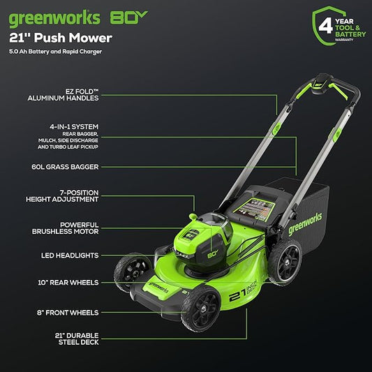 Greenworks 80V 21" (Push) Lawn Mower (Gen 2), 5.0Ah Battery