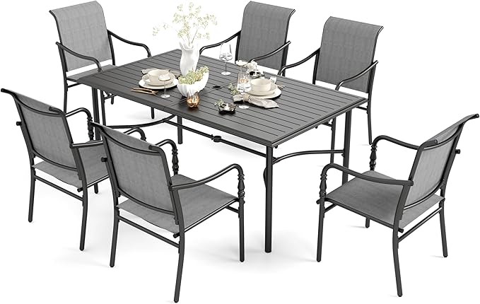 HERA'S HOUSE Patio Table and Chairs for 6, Outdoor Dining Set 7 Pieces, 67" Rectangle Metal Table with Elegant Armrest Chairs for Garden Backyard
