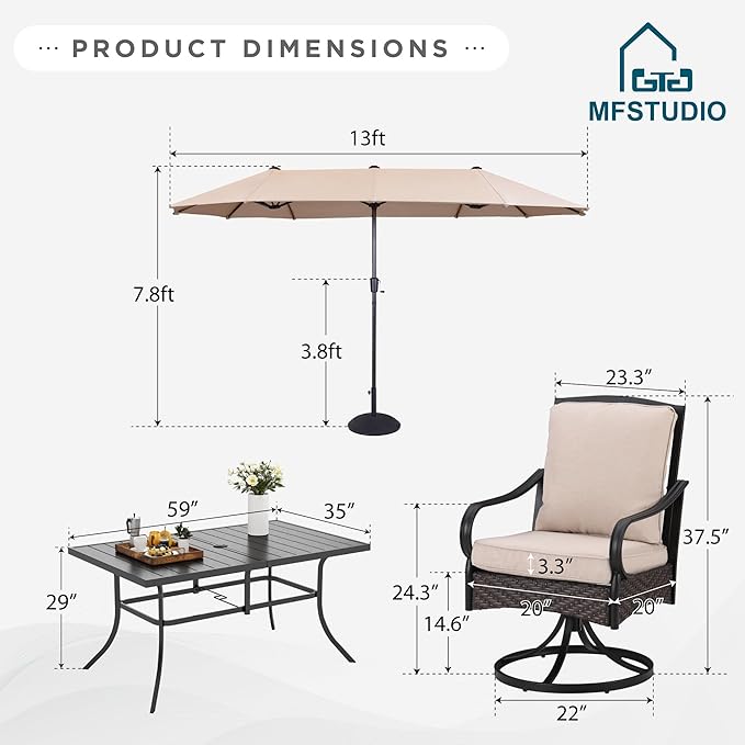 MFSTUDIO Heavy Duty Patio Set with Umbrella, 59'' Metal Rectangular Table & Swivel Chairs & 13ft Umbrella, 7 Pieces Outdoor Dining Furniture with Umbrella, Beige