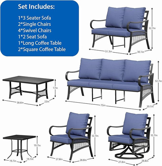 11 Piece Patio Furniture Set, 4 Single Swivel Chairs, Rope Braided Exposed with Thick Cushions, Outdoor All Weather Patio Conversation Sectional Sofa Set for Garden, Porch, Lawn, Blue