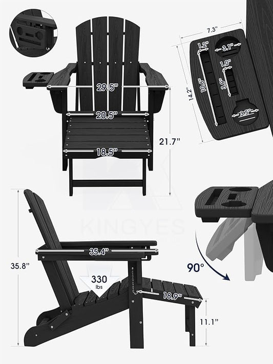 KINGYES Adjustable Folding Adirondack Chair with Footrest & 4-in-1 Multi-Functional Armrest Organizer Set of 4, HDPE Foldable Reclining Adirondack Chair with Pull-Out Ottoman, Black