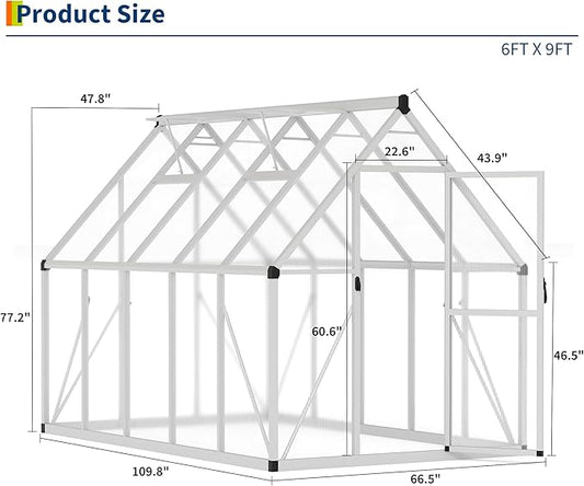 6 x 9 ft Greenhouse, Polycarbonate Walk-in Greenhouse with Aluminum Frame, Adjustable Roof Vent and Lockable Door, Easy Assembly, Green Houses for Outside, Garden, Backyard and Patio