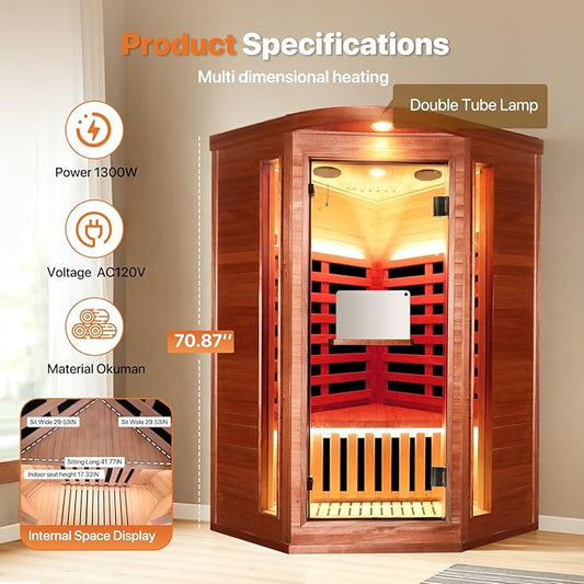 Corner Sauna for One Person Far Infrared Sauna Low-EMF African Mahogany Wood 1300W Indoor Saunas Wood Wax Oil on Outer Surface 37 * 37 * 71Inch