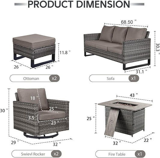 6 Piece Wicker Patio Furniture with Fire Pit Table - Outdoor Conversation Set with 50,000 BTU Fire Pit, All Weather Rattan Patio Set for Deck Backyard Garden - Grey Wicker Grey Cushion