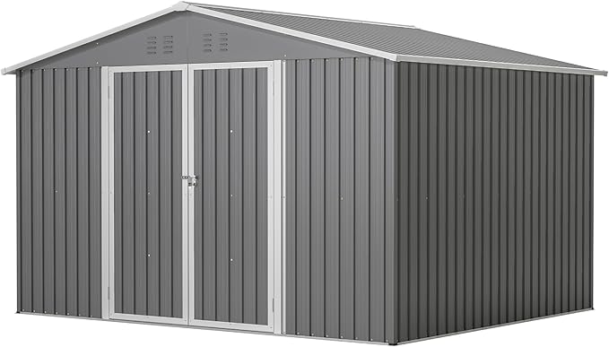 8x10 FT Outdoor Storage Shed, Metal Garden Shed with Lockable Hinged Doors, Outside Tool Shed with Sloped Roof & 4 Air Vents, Waterproof Storage Building for Backyard, Patio, Lawn, Gray