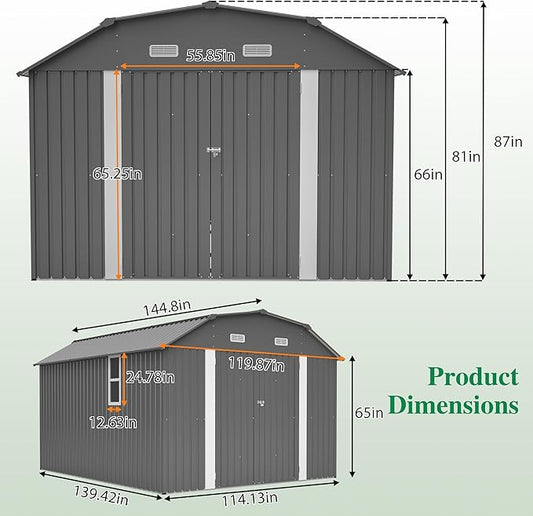Outdoor Storage Shed, 10 X 12 FT Large Metal Utility Tool Sheds with Floor Frame & Windows, Steel Garden Shed with Updated Frame Structure for Backyard Patio Lawn, Grey