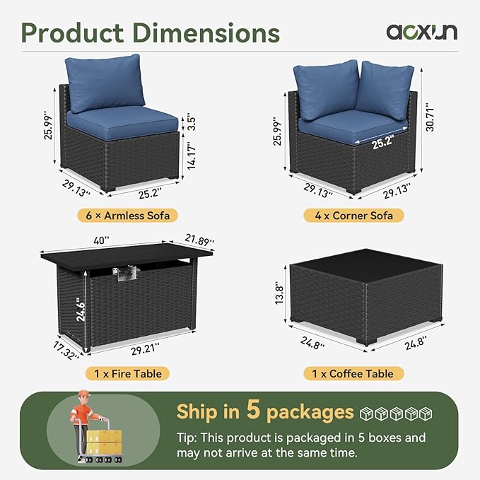 Aoxun 12 Piece Patio Furniture Set with 44” Fire Pit Table Wicker Rattan Patio Sectional Sofa Set Outdoor Seating Furniture with Thickened Cushion, Navy Blue