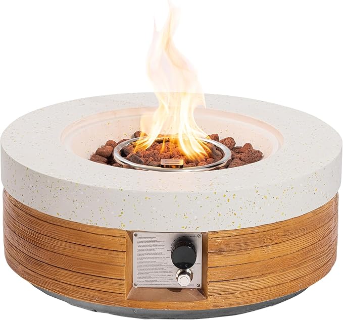 COSIEST 28" Outdoor Propane Fire Pit Table, Small Round Gas Fire Pit Table with Concrete & Log Wood Grain Design, 50000BTU Fire Tables for Patio, Backyard, Garden Heating