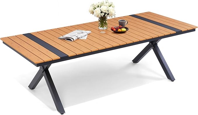 Pellebant 94" Outdoor Dining Table for 6-10, Aluminum Patio Dining Table with Umbrella Hole, Waterproof Wood-Like Tabletop for Lawn Garden Backyard, Brown