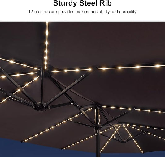 PURPLE LEAF 14ft Patio Market Umbrella with Solar LED and Base Double-Sided Rectangle Outdoor Table Sun Umbrellas with Crank for Pool Beach Deck Backyard Gray