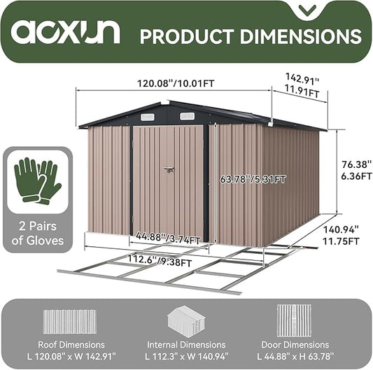 Aoxun 10 x 12FT Shed with Base Utility Garden Galvanized Steel Shed with Lockable Door & Sloped Roof Metal Sheds Outdoor Storage for Garden, Backyard, Patio and Backyard (Brown/Base Included)