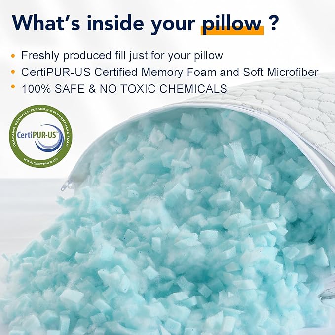 QUTOOL Cooling Pillow for Sleeping 2 Pack,Luxury Shredded Memory Foam Bed Standard Pillows Set of 2,Cool Pillow for Hot Sleepers Adjustable Firm Pillow for Side,Back,Stomach Sleepers Soft Yet Support