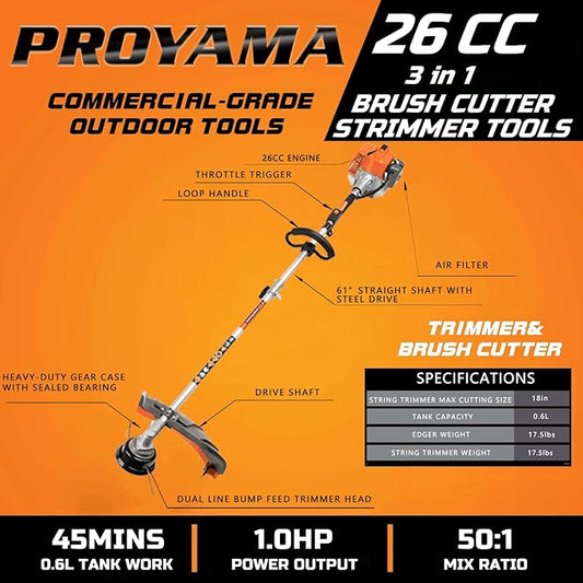 PROYAMA 26cc Weed Eater/Wacker Gas Powered, 2-Cycle Gas String Trimmer/Edger, 3 in 1 Brush Cutter with 17’’ Cutting Path, Grass Trimmer Light Weight