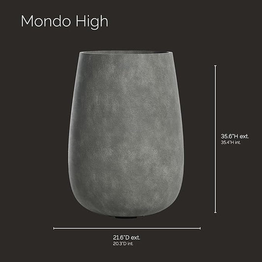 Mondo High Tall Planter – Grey Stone Finish – Fiberglass Indoor/Outdoor and Weather-Resistant Round Planter (21.6" D x 35.6" H Exterior, 20.3" D x 35.4" H Interior)