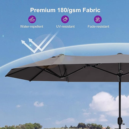 PURPLE LEAF 13ft Patio Market Umbrella with Base Double-Sided Rectangle Outdoor Table Sun Umbrellas with Crank 12 Heavy Duty Sturdy Ribs for Pool Beach Deck Backyard Gray