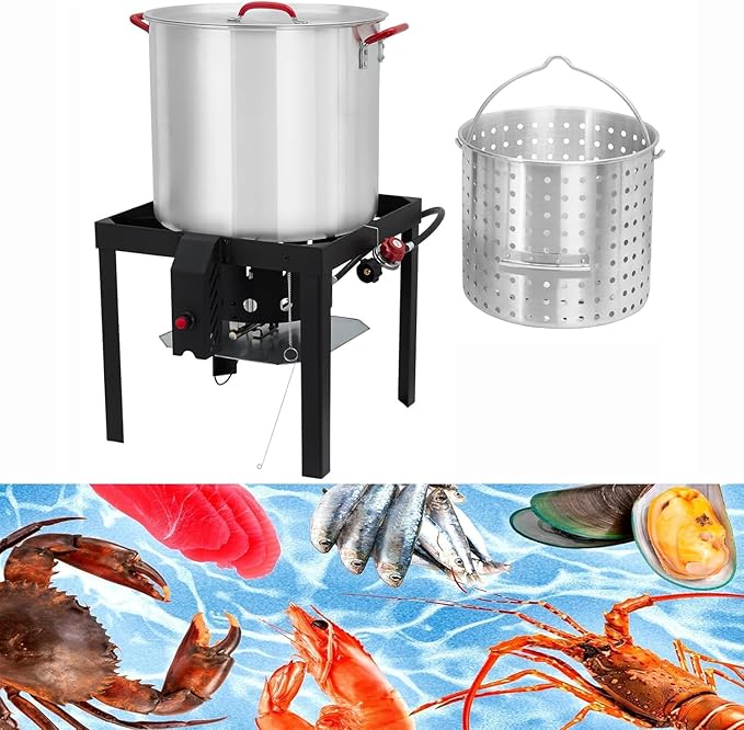 60 Qt Seafood Boil Pot, ACONEE Aluminum Crawfish Boiling Kit with Steam/Boil Basket & Strainer, 110000 BTU Propane Jet Burner & Lifting Hook, 10 PSI Regulator, Outdoor Cooking Shrimp Crab Boiler