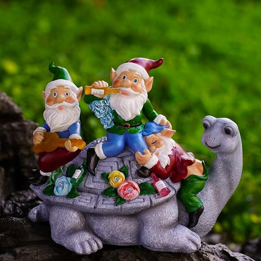 NATASE Upgraded Size Solar Garden Outdoor Statues Gnome Turtle Three Gnomes Having Party on Turtle with 7 LED Lawn Decor Outside Decorations for Patio, Balcony, Yard Ornament Unique Garden Gift