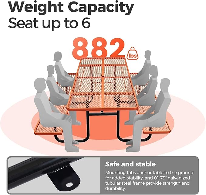 KUFUH 72" Coated Round Metal Picnic Table for 4-6 Person, Durable Heavy Duty Commercial Picnic Table with Umbrella Hole for Outdoor Coffee Shop, School, Easy to Install, Orange