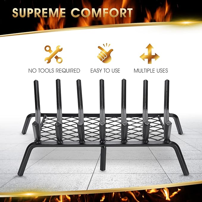G GOOD GAIN Fireplace Grate with Ember Retainer, 24" Heavy Duty Cast Iron Indoor, Chimney Hearth Wood Stove Burning Rack Holder,1/2” Bar Fire Place Asseccories for Outdoor, Fire Pits, Camping