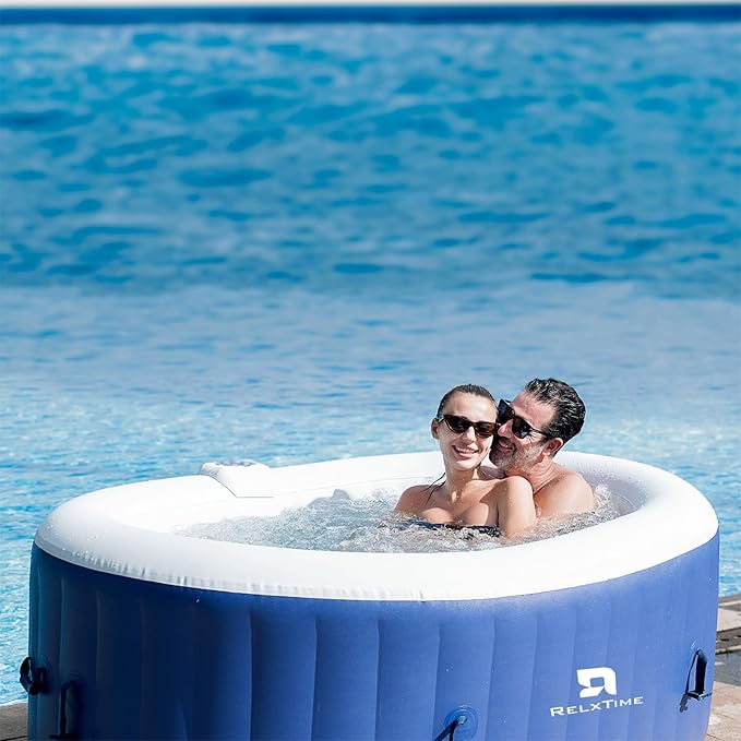 Inflatable 2 Person Hot Tub Outdoor, 100 Air Jets Portable Oval Spa with Built in Heater Pump, Blow Up Hottub for Relaxation, Table Tray, 2 Filters, Blue