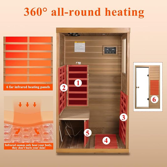 LTCCDSS Infrared Sauna, Red Cedar Far Infrared Sauna for Home with 1050W, Wood Sauna 1 Person with 6 Low EMF Heaters, 2 Bluetooth Speakers, 1 LED Lamp Right Door
