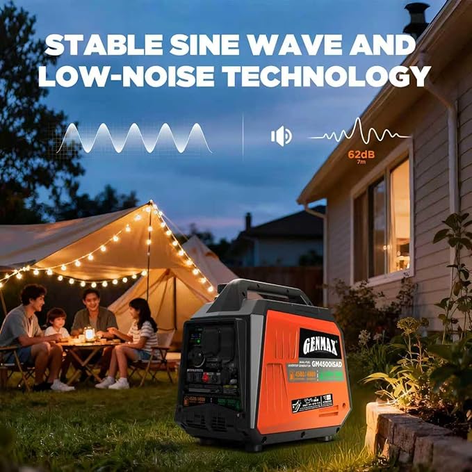 GENMAX Portable Generator, 4500W Super Quiet Gas or Propane Powered Engine with Parallel Capability, Manual start, Ideal for Camping Travel Outdoor.EPA Compliant (GM4500iSAD)