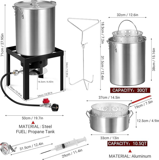OT3016 Propane 30 Qt. Turkey and 10 Qt. Fish Fryer Boiler Steamer Set, 55,000 BTU Burner, Ideal for Outdoor Cooking