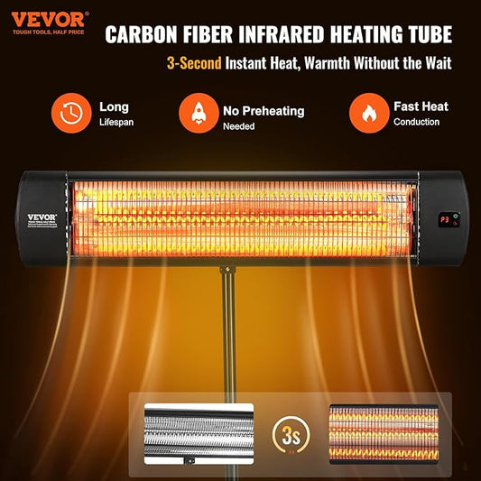 VEVOR Infrared Heater, 1500W Remote Control Electric Space Heater, LED Screen Patio Heater w/ 3 Speeds & Timer, Outdoor/Outdoor for Porch,Dining Room,Studio, with Stand & Mount to Ceiling/Wall,34in L