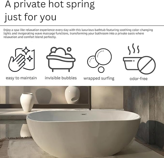 67x31.5 Inch Freestanding Jetted Whirlpool Bathtub | 6 Massage Jets, 8 Air Bubble System, Color-Changing LED Chromatherapy & Adjustable Hydro Massage (white-3)