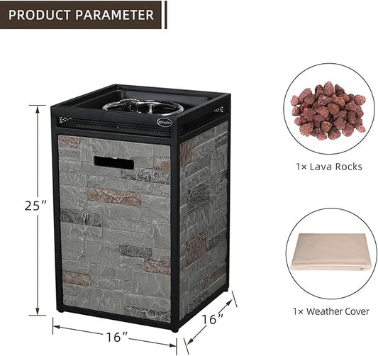 Afterglow Terrafab Grey Panels with Steel Frame 16" Square 40,000 Btu Propane Fire Column Outdoor Wood Effect Fire Pit for Outdoor Patio Garden Backyard Decking Decor CSA Certificated