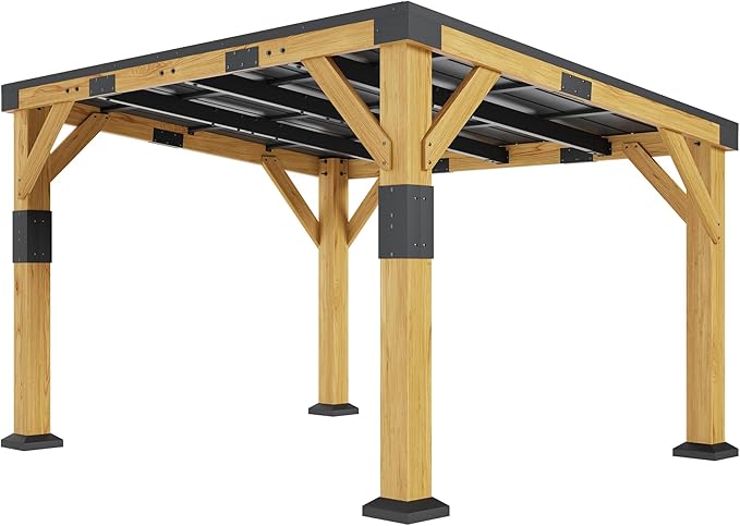 Jocisland 10' x 12' Cedar Wood Gazebo with Sloped Galvanized Steel Roof, Hardtop Gazebo Pavilion with Durable, Rot-Resistant Construction, Permanent Outdoor Pergola for Backyard, Garden & Deck