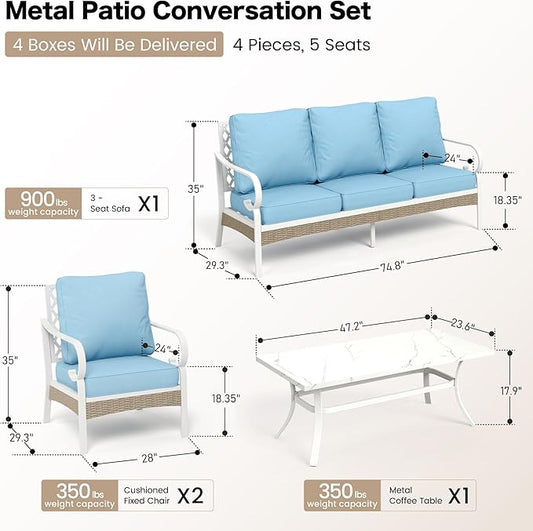 4 Piece Metal Outdoor Patio Furniture Sets, Patio Conversation Sets 1 3-seater Sofa, 2 Single Sofa with 5.75" Extra Thick Cushion and Coffee Table, White Frame Backyard Furniture, Blue