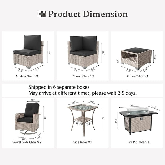 11 Pieces Patio Furniture Set with Fire Pit Table, Outdoor Sectional Wicker Sofa with Thick Cushions, High Back Swivel Rocker Patio Chairs, Rattan Conversation Set with Coffee Table, Black