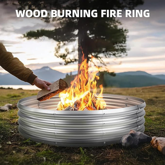 60 Inch Fire Pit Ring for Outside, 5FT Diameter Wood Burning Fire Ring, Large Round Galvanized Steel Fire Pit, Metal Outdoor Fireplace for Backyard, Patio, Camping, Bonfire (Silver)