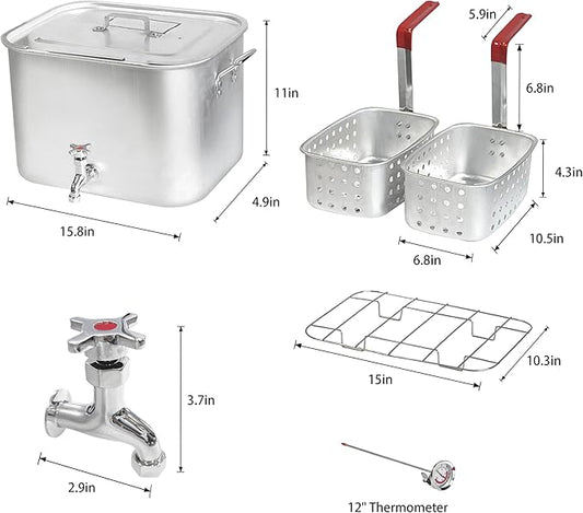 36QT Aluminum Deep Fryer Pot with Baskets &Spigot,Durable Rectangular Fish Fryers with Thermometer,Complete Outdoor Cooking Kit for Frying Fish,Chicken Wings,French Fries,Turkey