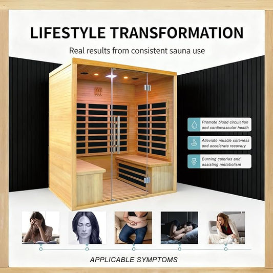 Homsido 3-4 Person Sauna, Hemlock Wooden Indoor Far Infrared Home Sauna Room 11 Low EMF Infrared Carbon Panels with Tempered Glass Door,Bluetooth Speakers 7 Chromotherapy Lights(220V, 2880W)