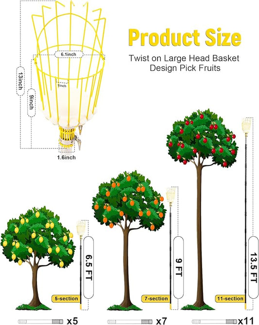 6.5FT Fruit Picker, Apple Picker Tool with Adjustable Pole and Basket, Long Reach Mango Grabber Tool, Tree Fruit Catcher for Picking Lemon Pear Orange Avocado Peach Citrus
