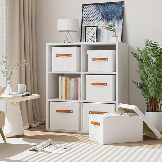 5 Pack Storage Baskets, Storage Boxes with Lids, Closet Organizers with Handles for Shoes Towels Books, White, 16.5 x 11.8 x 10.2 Inch