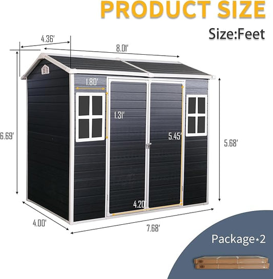 8x4 ft Outdoor Resin Storage Shed with Floor, Waterproof Plastic Garden Shed with Lockable Door and Two Windows, All-Weather Tool Sheds for Backyard, Patio, Lawn (Black)