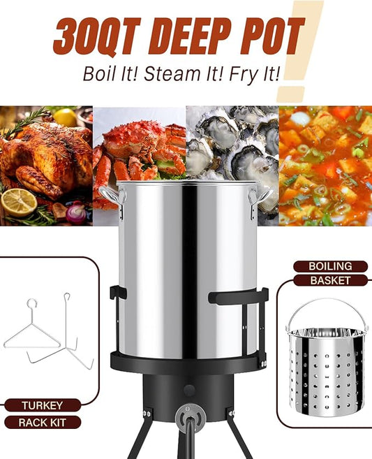 Outdoor Turkey Fryer Set 30QT | Stainless Steel Pot with 15QT Basket | Lid & Lifting Hook & Thermometer | 50,000BTU Propane Gas Burner | For Turkey, Crawfish, Crab, Shrimp & Lobster