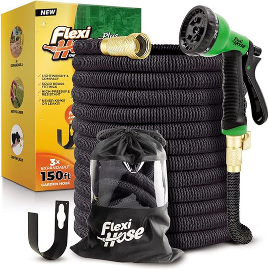 Flexi Hose PLUS with 8 Function Nozzle Expandable Garden Hose, Lightweight & No-Kink Flexible Garden Hose, 3/4 inch Solid Brass Fittings and Double Latex Core, 150 ft Black