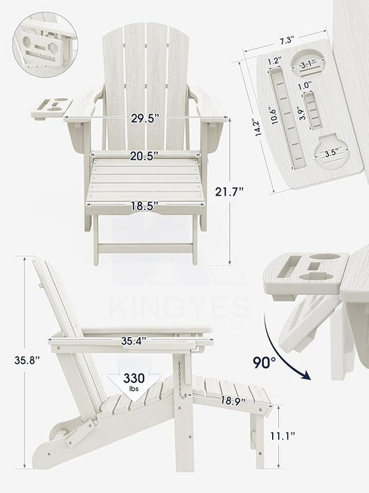KINGYES Adjustable Folding Adirondack Chair with Footrest & 4-in-1 Multi-Functional Armrest Organizer, HDPE Foldable Reclining Adirondack Chair with Pull-Out Ottoman, White