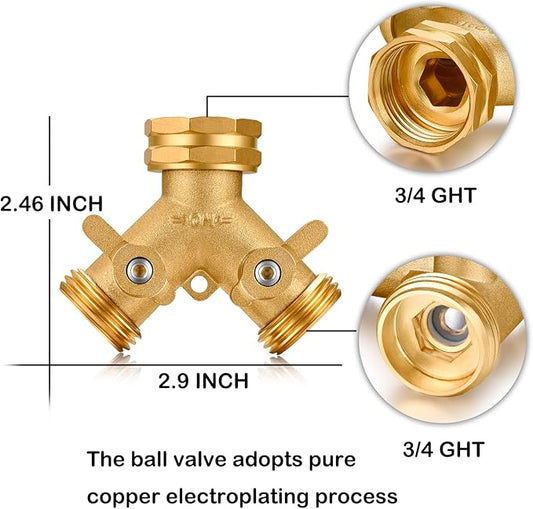 Garden Hose Splitter,2 Way Connector Heavy Duty Brass, Garden Faucet,Splitter for Outdoor Faucet, Hose y Splitter, Hose Bib Splitter, Adapter with Comfortable Grip Shut Off Valves 2Pcs