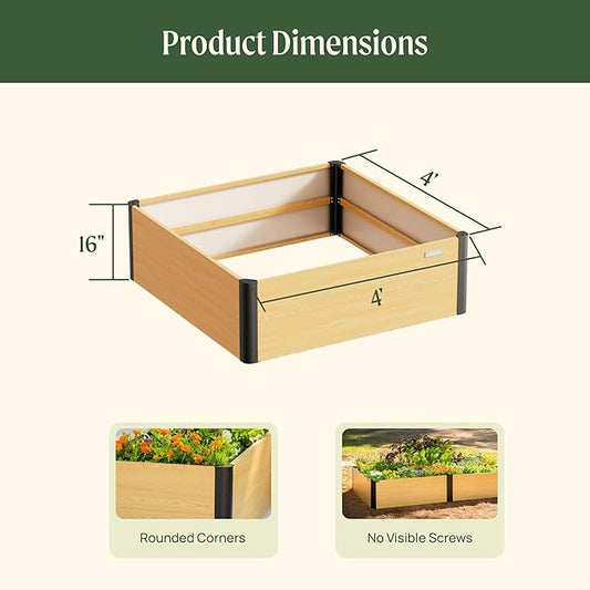 Vego garden Woodgrain Series Raised Garden Bed, 16'' Tall 4' x 4' Wooden-Look Metal Planter Box Outdoor for Gardening Vegetables Flowers Herbs