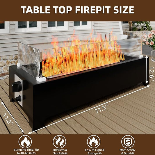 Tabletop Propane Fire Pit - 31.5 in, 40,000 BTU Rectangle Table top Fire Pit, Bowl w/Wind Glass Shield & Crystal Stone, Suitable for Outdoor, Patio, Balcony, Black