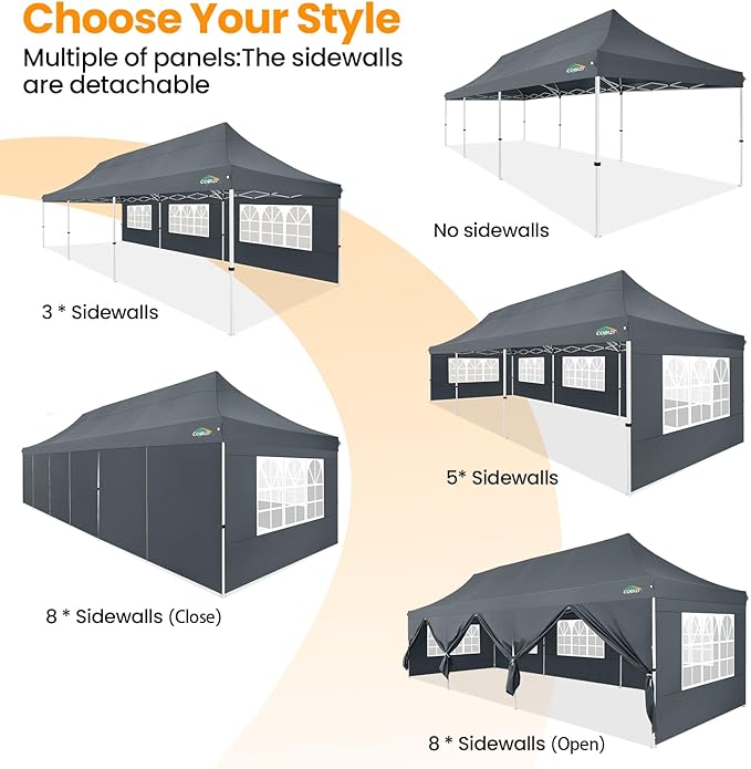COBIZI 10x30 Pop up Canopy with 8 Removable Sidewalls, Outdoor Canopy Waterproof Commercial Tents for Parties Wedding, with Upgrade Raised Top Cover and Roller Bag, with 4 Sandbags(Gray)