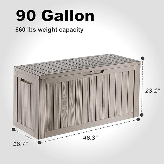 Vixzen 90 Gallon Resin Deck Box, Lockable Outdoor Storage Box for Patio Cushions Storage Furniture,Garden Tools, Pool Supplies, Weatherproof and UV Resistant-Grey