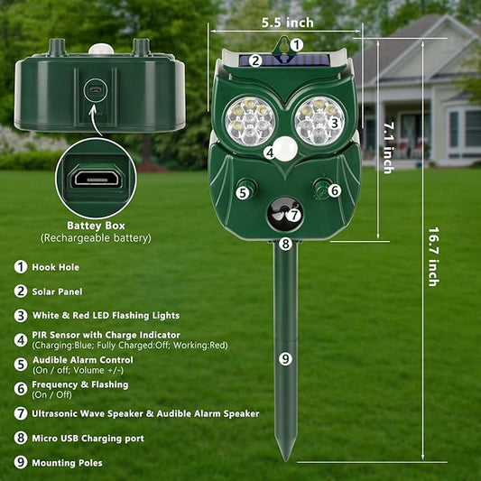 4 Pack 2026 Ultrasonic Animal Repellent Outdoor Deer Repellent Devices Solar Animal Repeller Motion Activated Deterrent to Scare Cat Squirrel Rabbit Raccoon Skunk with LED Flash Lights for Yard Lawns