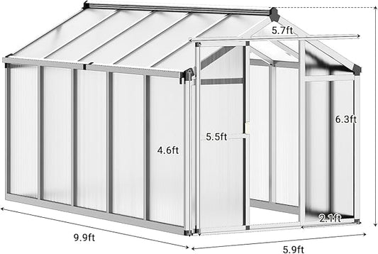 6 X 10 Greenhouse, Greenhouses for Outside, Polycarbonate Greenhouse with Aluminum Frame, Lockable Door and Ajustable Roof Vent for Backyard, Green Houses for Outside Garden Backyard, Patio