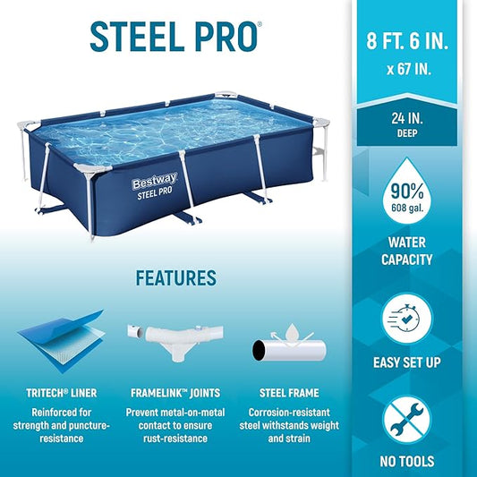 Bestway Steel Pro 8.5 Feet x 67 Inch x 24 Inch Rectangular Steel Frame Above Ground Outdoor Backyard Swimming Pool, Blue (Pool Only)